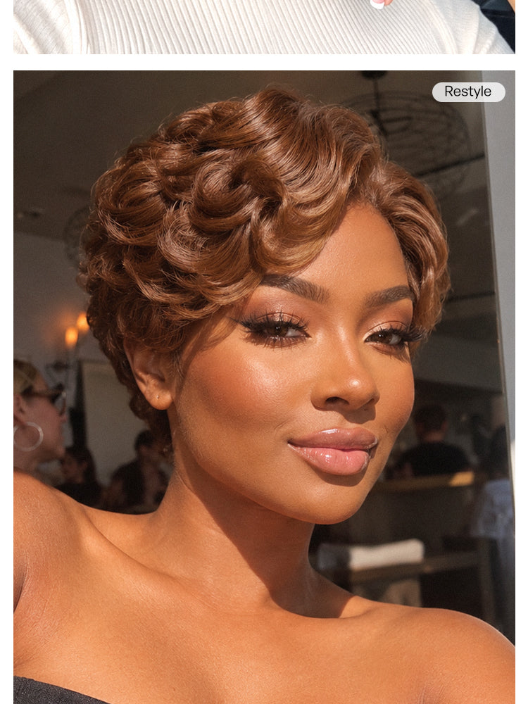 Ready-to-Go Elegant Caramel Brown Egg Curl Glueless Minimalist HD Lace Short Pixie Wig Pre-cut Lace-18