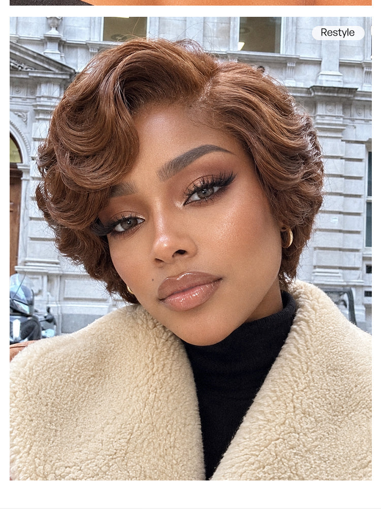 Ready-to-Go Elegant Caramel Brown Egg Curl Glueless Minimalist HD Lace Short Pixie Wig Pre-cut Lace-19