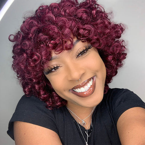 Burgundy Fluffy Rose Curl Short Wig With Bangs 100% Human Hair