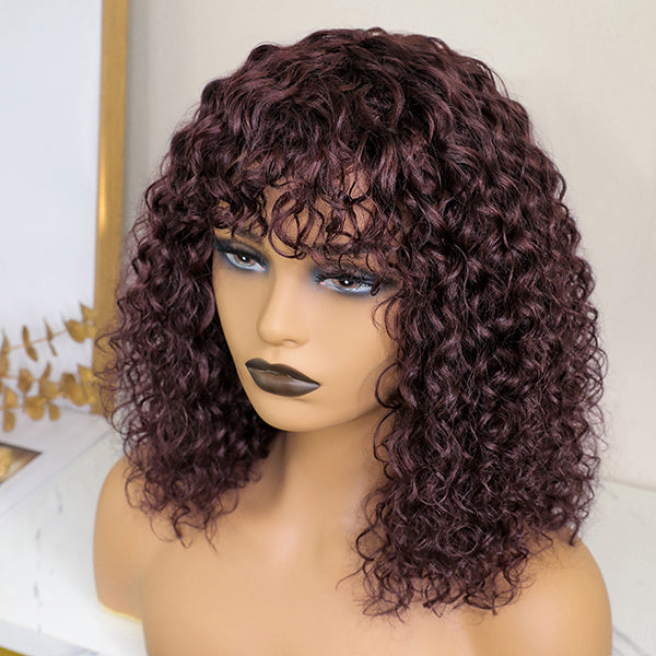Special Deal | Throw On & Go Burgundy Water Wave No Lace Glueless Short Wig with Bangs - US Only