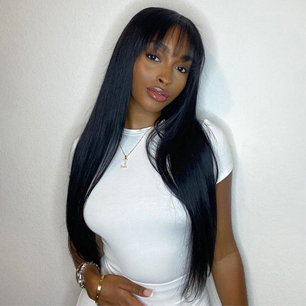 Long Silky Bone Straight Lace 4x4 Closure Wig With Bangs