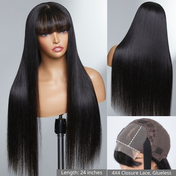 Long Silky Bone Straight Lace 4x4 Closure Wig With Bangs