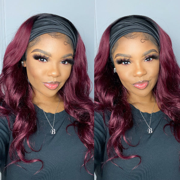 Put On & Go Glueless Sugar Plum Dark Root Headband Wig 100% Human Hair
