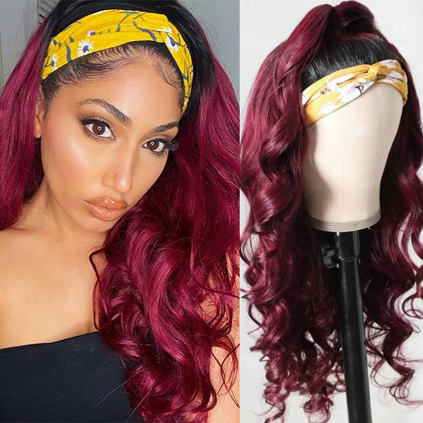 Put On & Go Glueless Sugar Plum Dark Root Headband Wig 100% Human Hair
