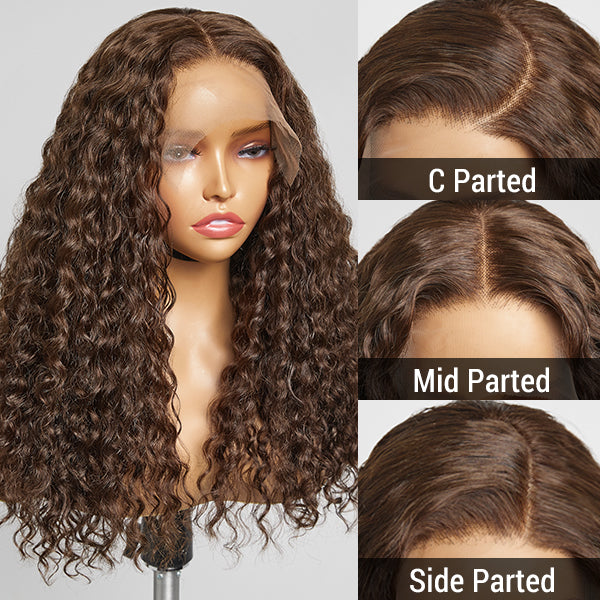 Brown Water Wave 5x5 Closure Lace Glueless Mid Part Long Wig 100% Human Hair - US Only