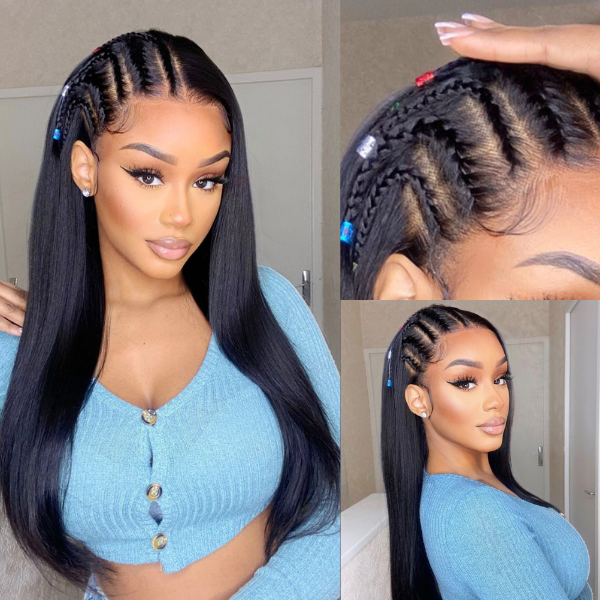 PreMax Wigs | 200% Density Natural Black Left Side Braids Straight 13x4 Frontal HD Lace Long Wig - US Only