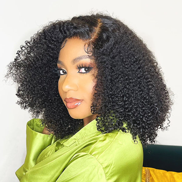 Afro Jerry Curly 5x5 Closure Lace Glueless Side Part Shoulder Length Wig 100% Human Hair - US Only