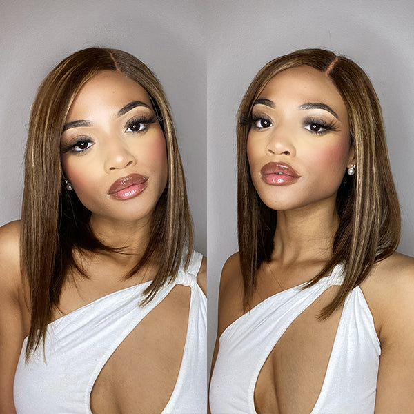 Highlights Bronze Brown Bob Wig Glueless T Part Simple Lace Wig