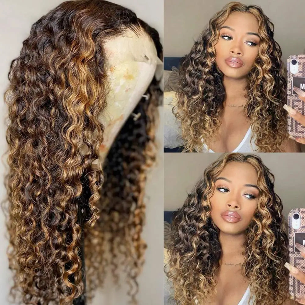 Throw On & Go | Honey Brown Highlight Deep Wave Glueless HD Lace 13x4 Frontal Wig by AaliweyaHair