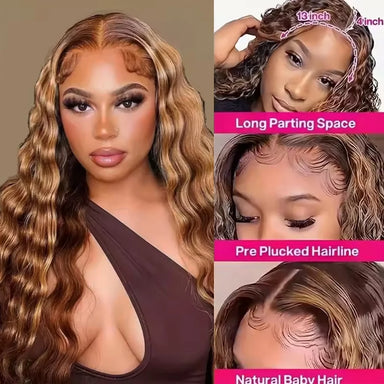 Wear & Go | Honey Brown Highlight Deep Wave Glueless HD Lace 13x6 Frontal Floleety Hair Wig