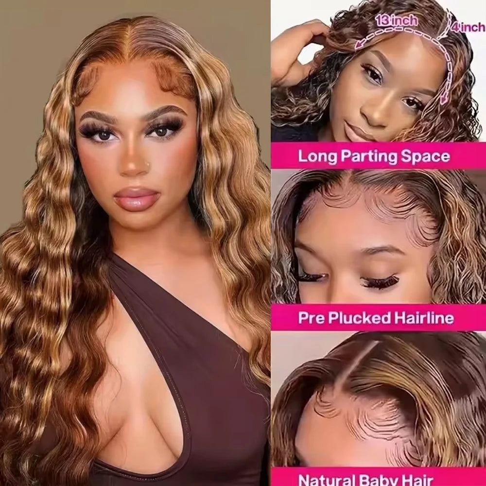 Wear & Go | Honey Brown Highlight Deep Wave Glueless HD Lace 13x6 Frontal Floleety Hair Wig