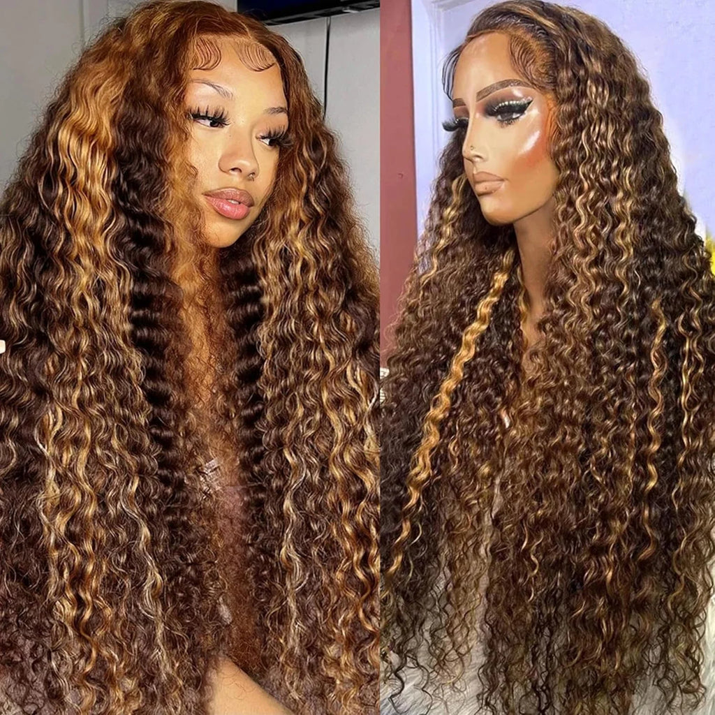 Throw On & Go | Honey Brown Highlight Deep Wave Glueless HD Lace 13x6 Frontal Wig Pre-Cut
