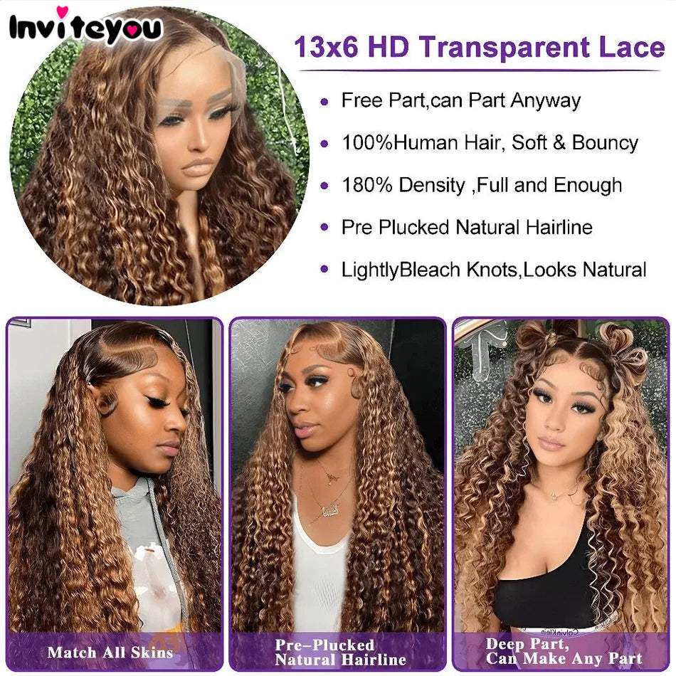 Ready To Wear | Honey Brown Highlight Deep Wave Glueless HD Lace 13x6 Frontal Wig by InviteYou