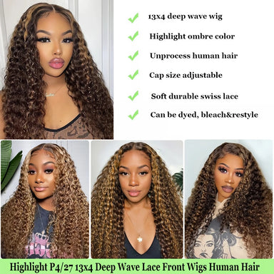 Wear & Go | Honey Brown Highlight 220% Density Deep Wave Glueless HD Lace 13x4 Frontal Wig Pre-Cut