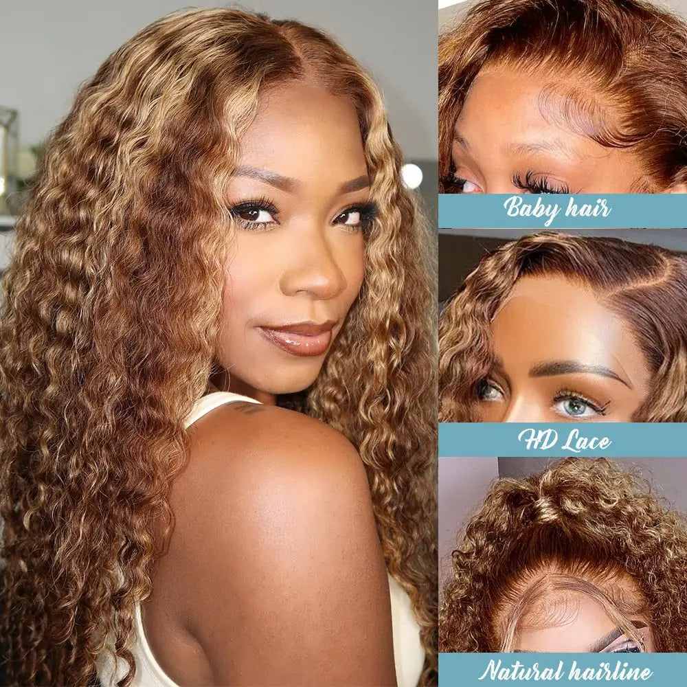 Throw On & Go | Honey Brown Highlight Deep Wave Glueless HD Lace 13x4 Frontal Wig by AaliweyaHair