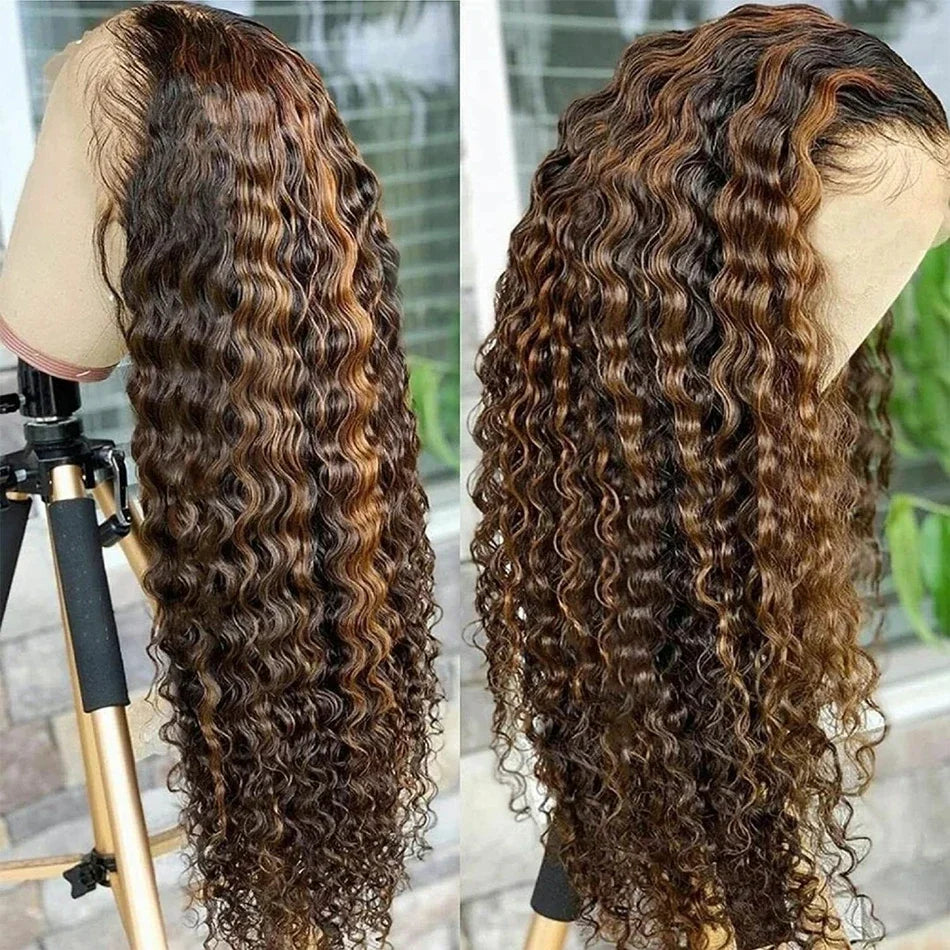 Ready To Wear | Honey Brown Highlight Deep Wave Glueless HD Lace 13x6 Frontal Wig by Geeta Pre-Cut