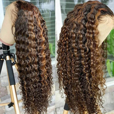 Ready To Wear | Honey Brown Highlight Deep Wave Glueless HD Lace 13x6 Frontal Wig by Geeta Pre-Cut