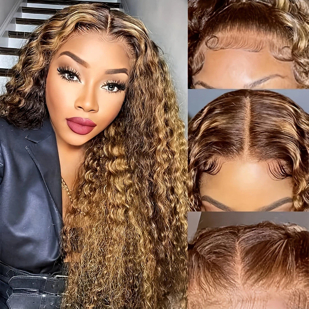 Wear & Go | Honey Brown Highlight 220% Density Deep Wave Glueless HD Lace 13x4 Frontal Wig Pre-Cut