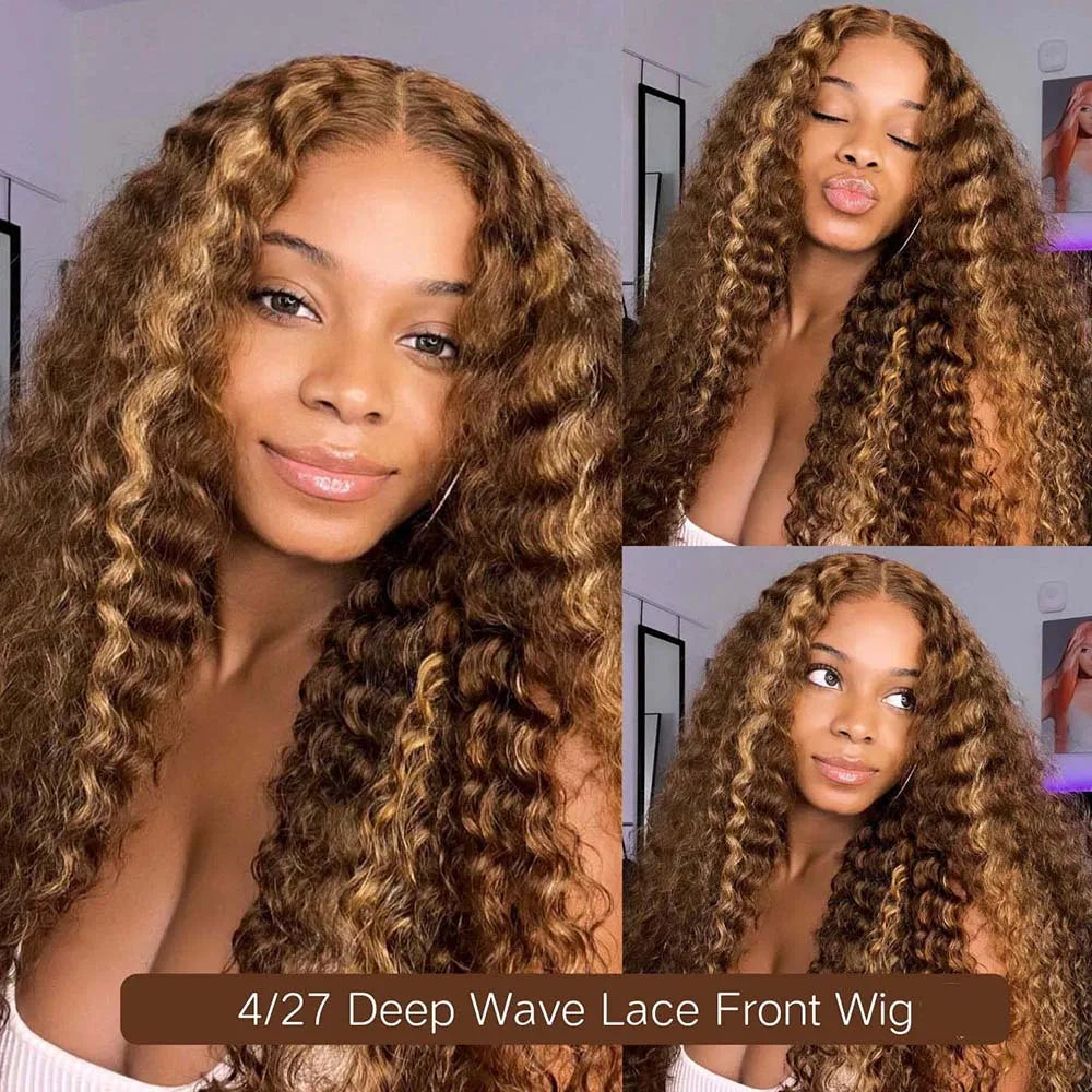 Ready To Wear | Honey Brown Highlight Deep Wave Glueless HD Lace 13x6 Frontal Wig by Geeta Pre-Cut