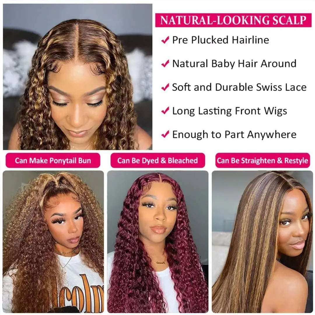 Throw On & Go | Honey Brown Highlight Deep Wave Glueless HD Lace 13x4 Frontal Wig by AaliweyaHair