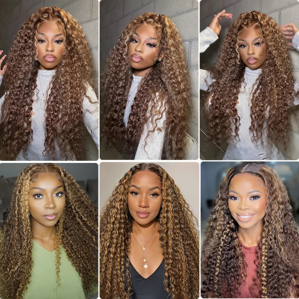 Wear & Go | Honey Brown Highlight 220% Density Deep Wave Glueless HD Lace 13x4 Frontal Wig Pre-Cut