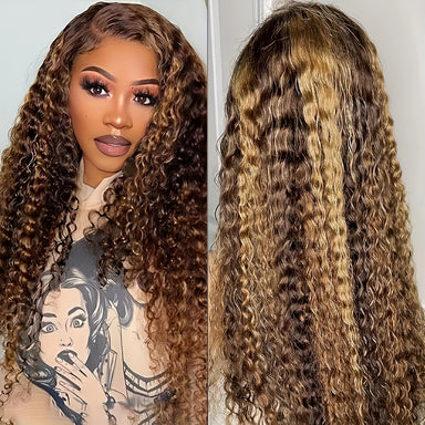Wear & Go | Honey Brown Highlight 220% Density Deep Wave Glueless HD Lace 13x4 Frontal Wig Pre-Cut