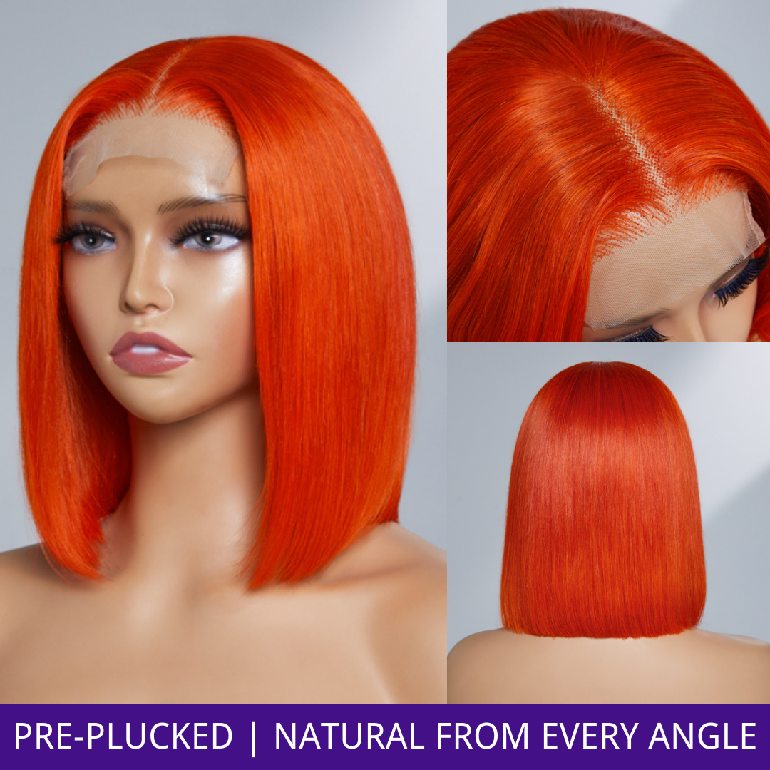 Halo Hair Style Fiery Orange Glueless 4x4 Closure Bob Wig 100% Human Hair