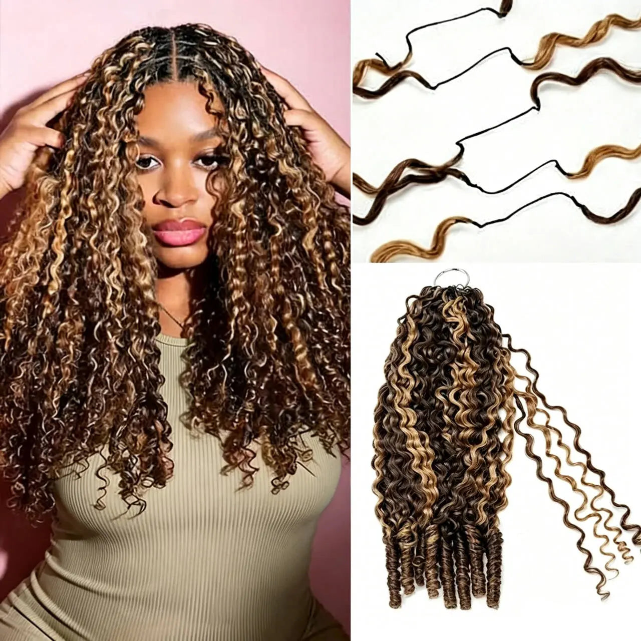 Melted Hair 4/27 Highlight Burmese Curly Feather Crochet Human Hair For Braids Pre-Separated Knotless Ombre 4/27 Miracle Knots Feather Human Hair