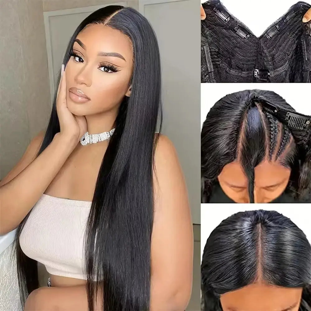 Melted Hair Bone Straight Wig Glueless V-Part Wig — Drawstring Cap