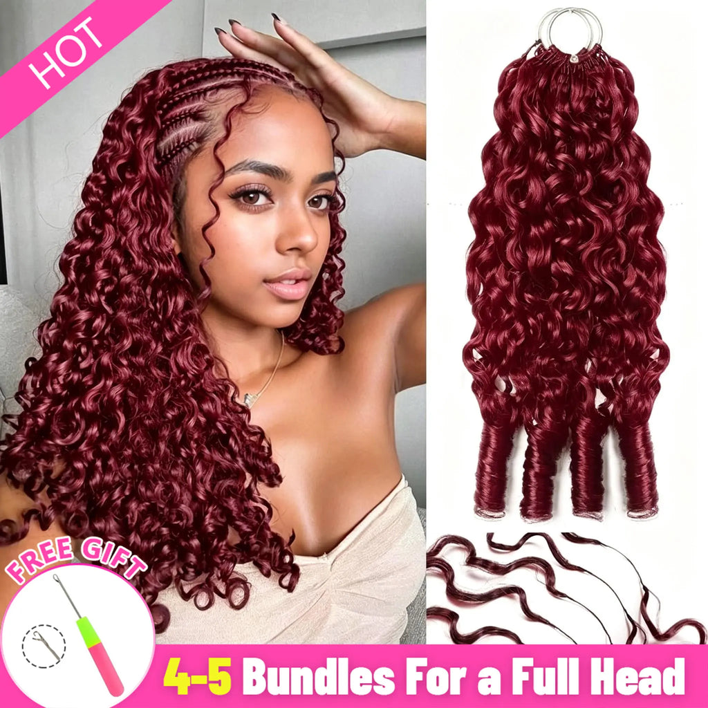 Melted Hair 99J Burmese Curly Knotless Pre-Separated Crochet Hair Extensions For Braids Feather Line 100% Human Hair Burgundy Color 18-24inch