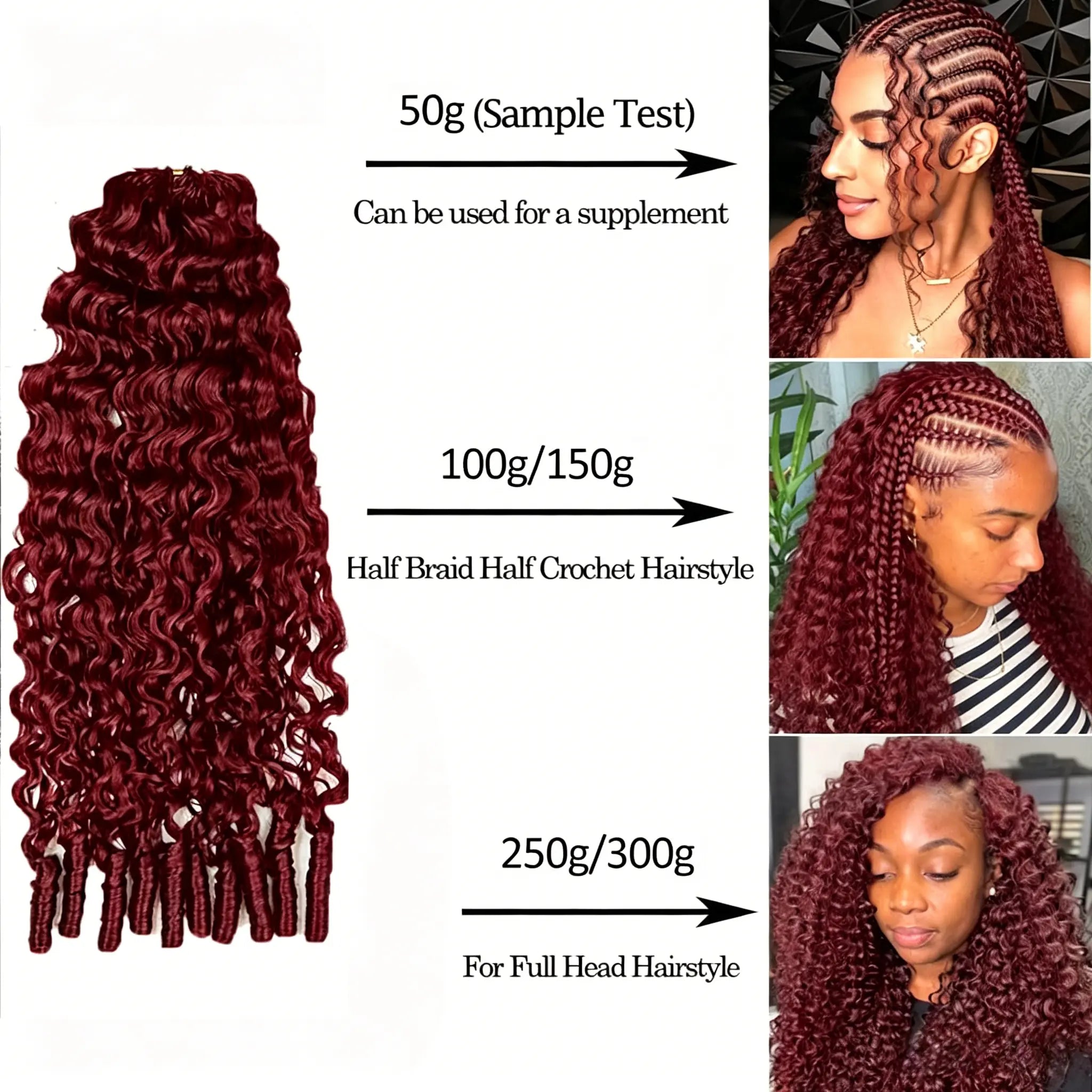 Melted Hair 99J Burmese Curly Knotless Pre-Separated Crochet Hair Extensions For Braids Feather Line 100% Human Hair Burgundy Color 18-24inch