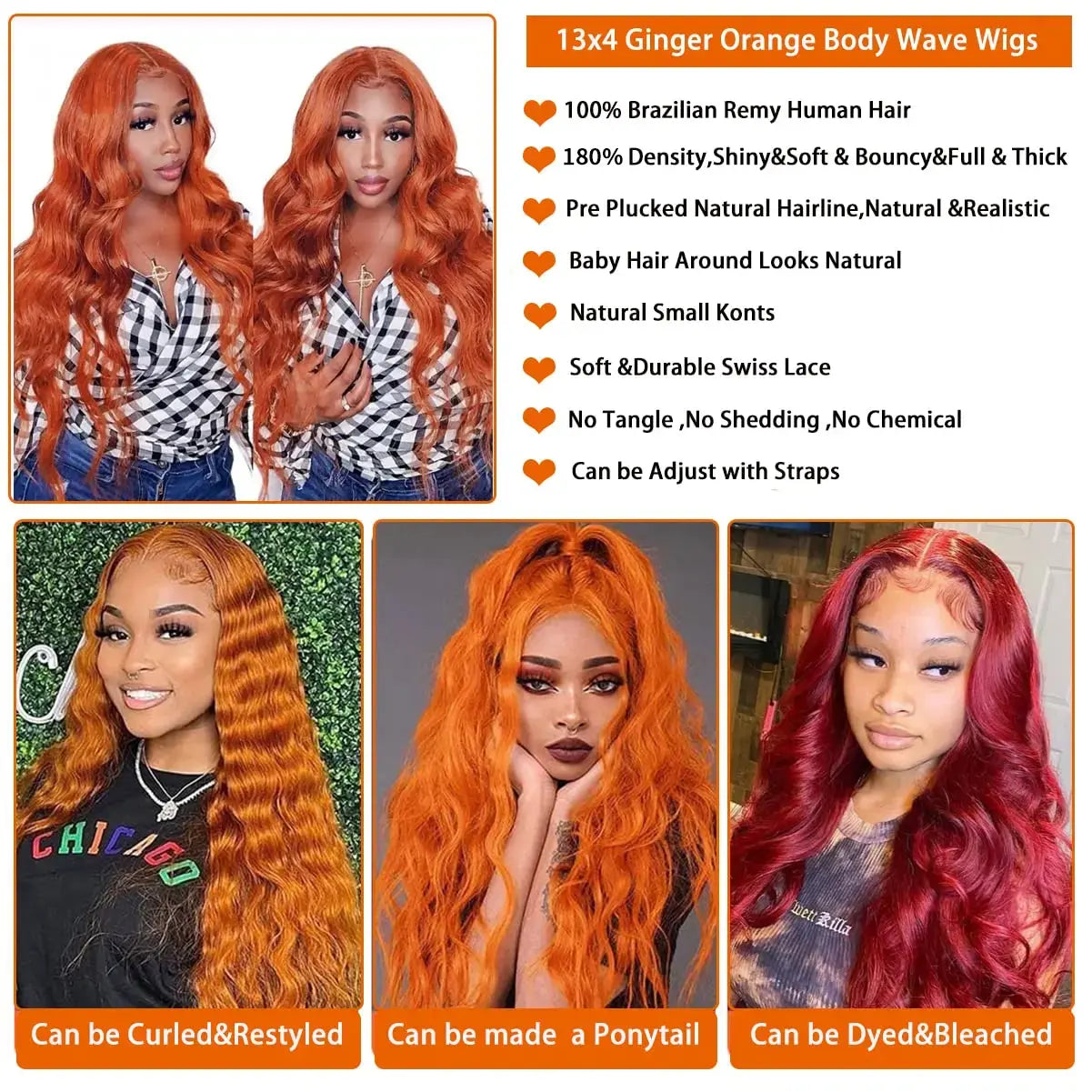 Melted Hair 180% Density Ginger Body Wave Wig Glueless 13x6 Frontal Wig — Transparent Lace