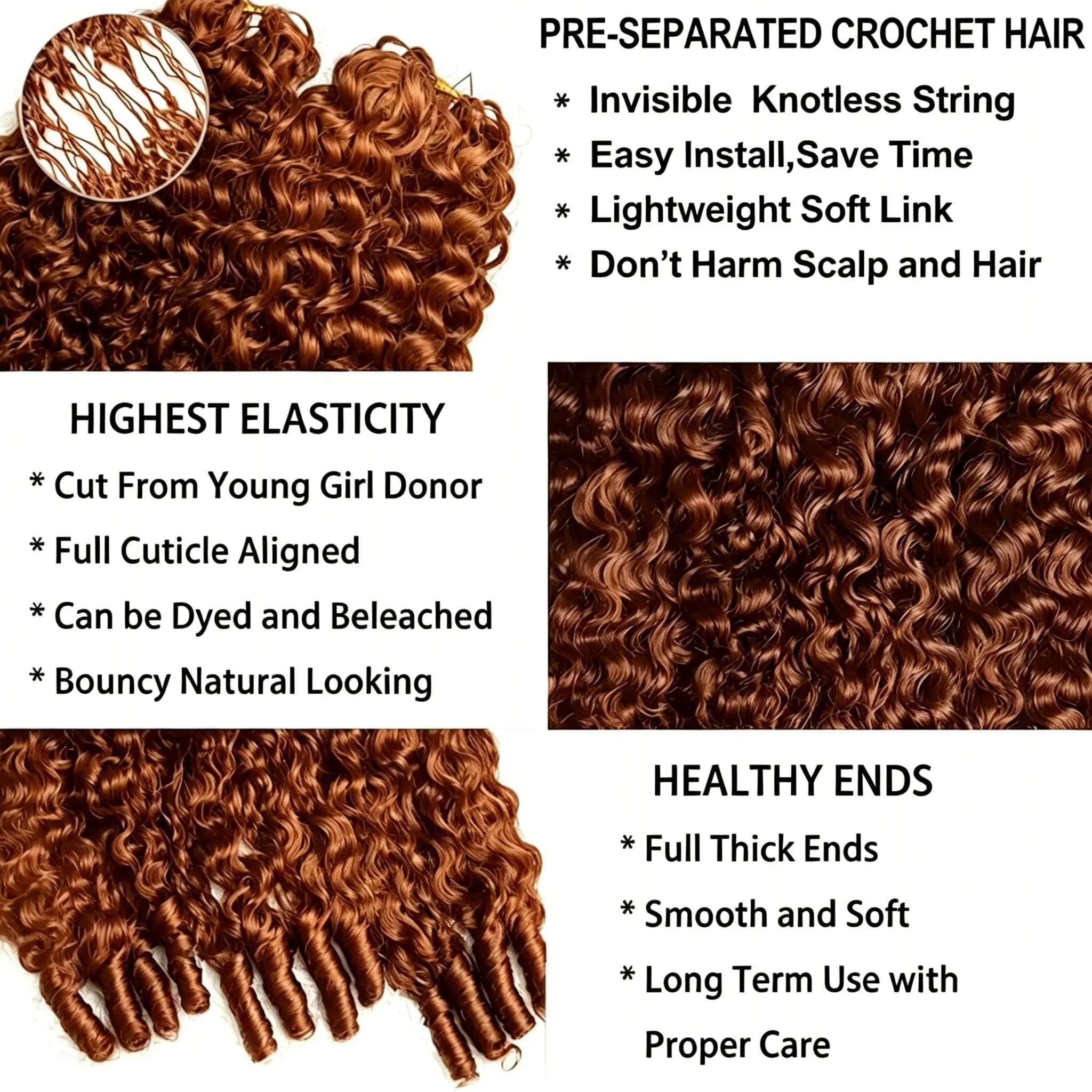 Burmese Curly Feather Crochet Human Hair Reddish Brown Knotless Pre-Separated Kinky Curly Feather Crochet Hair Extensions For Braiding 33# Color Hair