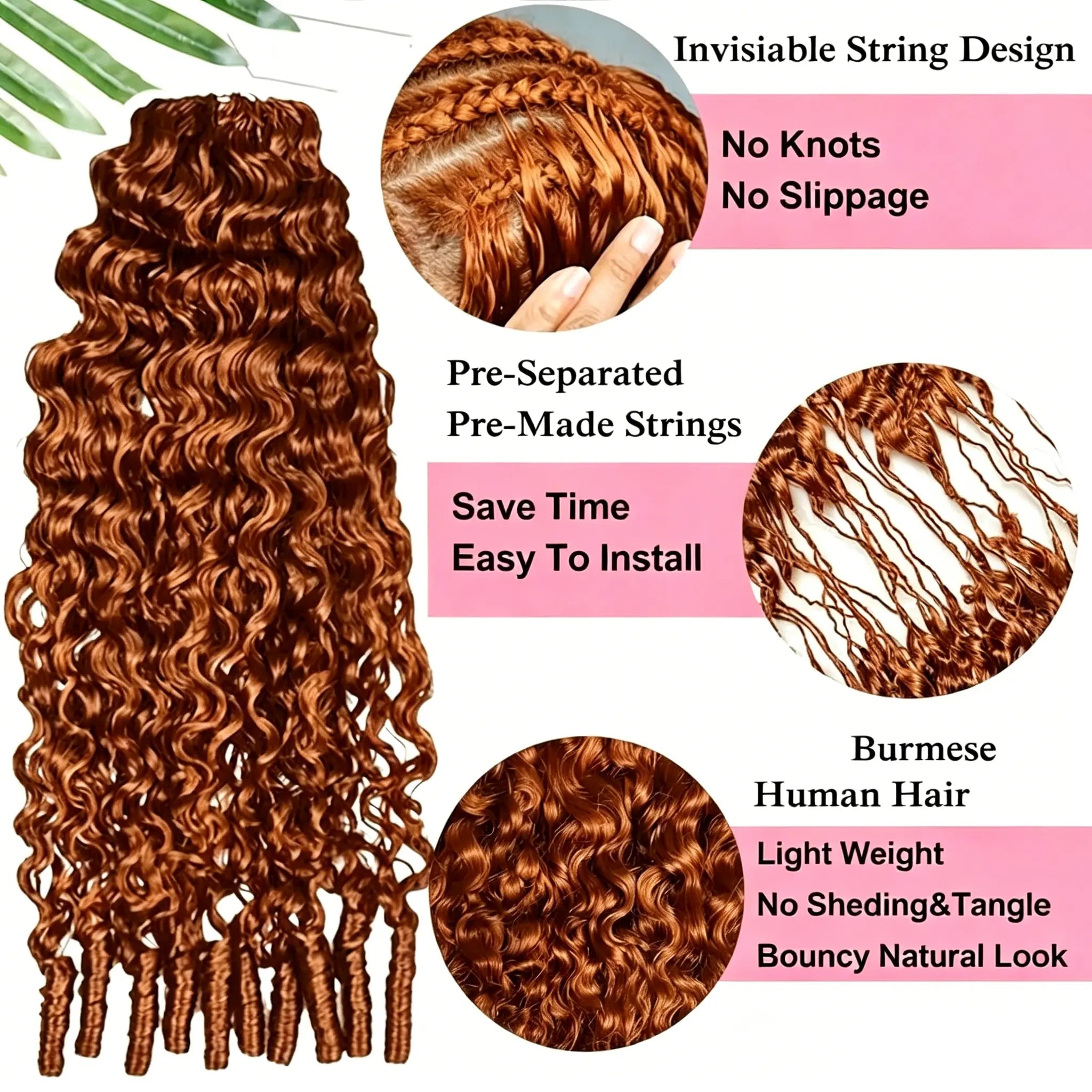 Melted Hair Reddish Brown Burmese Curly Crochet Human Hair Knotless Pre-Separated 33# Color Kinky Curly Feather Crochet Hair Extensions For Braiding