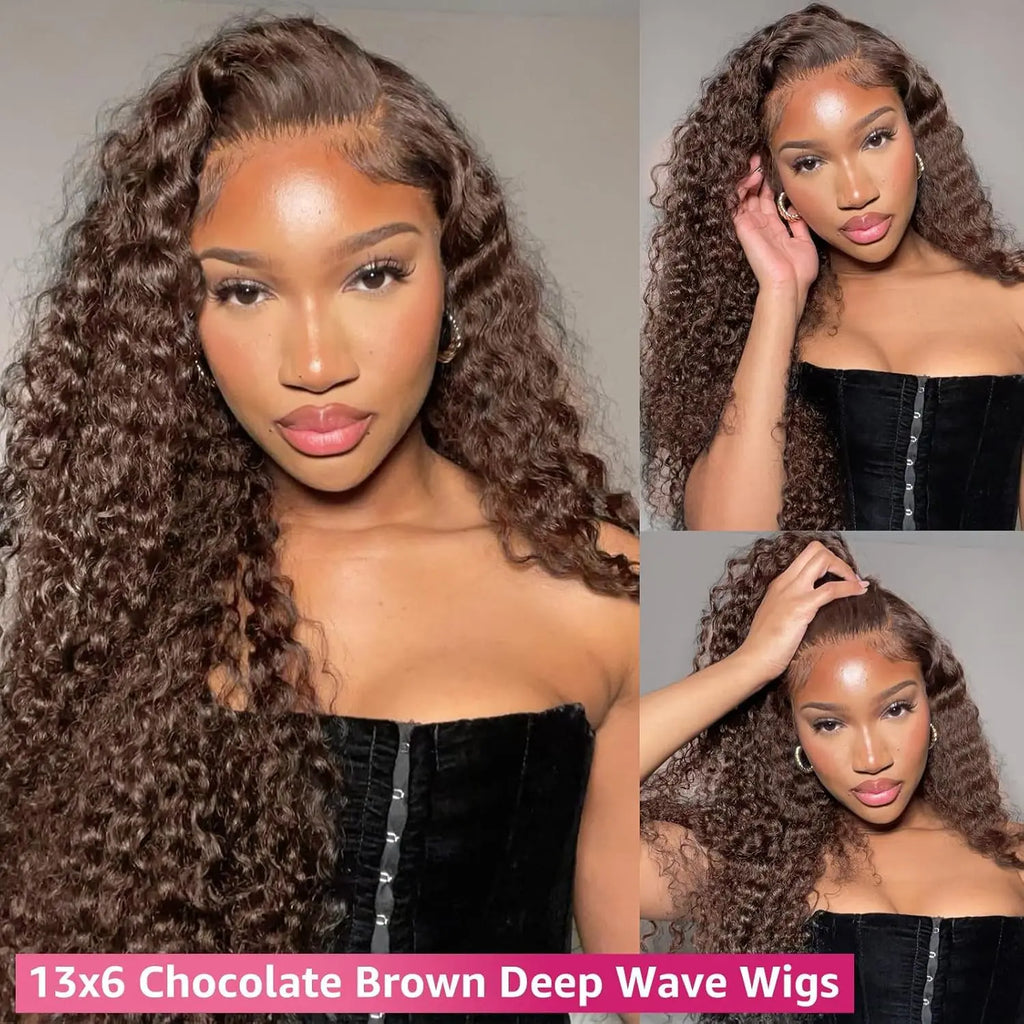 Melted Hair Chocolate Brown Deep Wave Wig Glueless 13x6 Frontal Wig — Transparent Lace