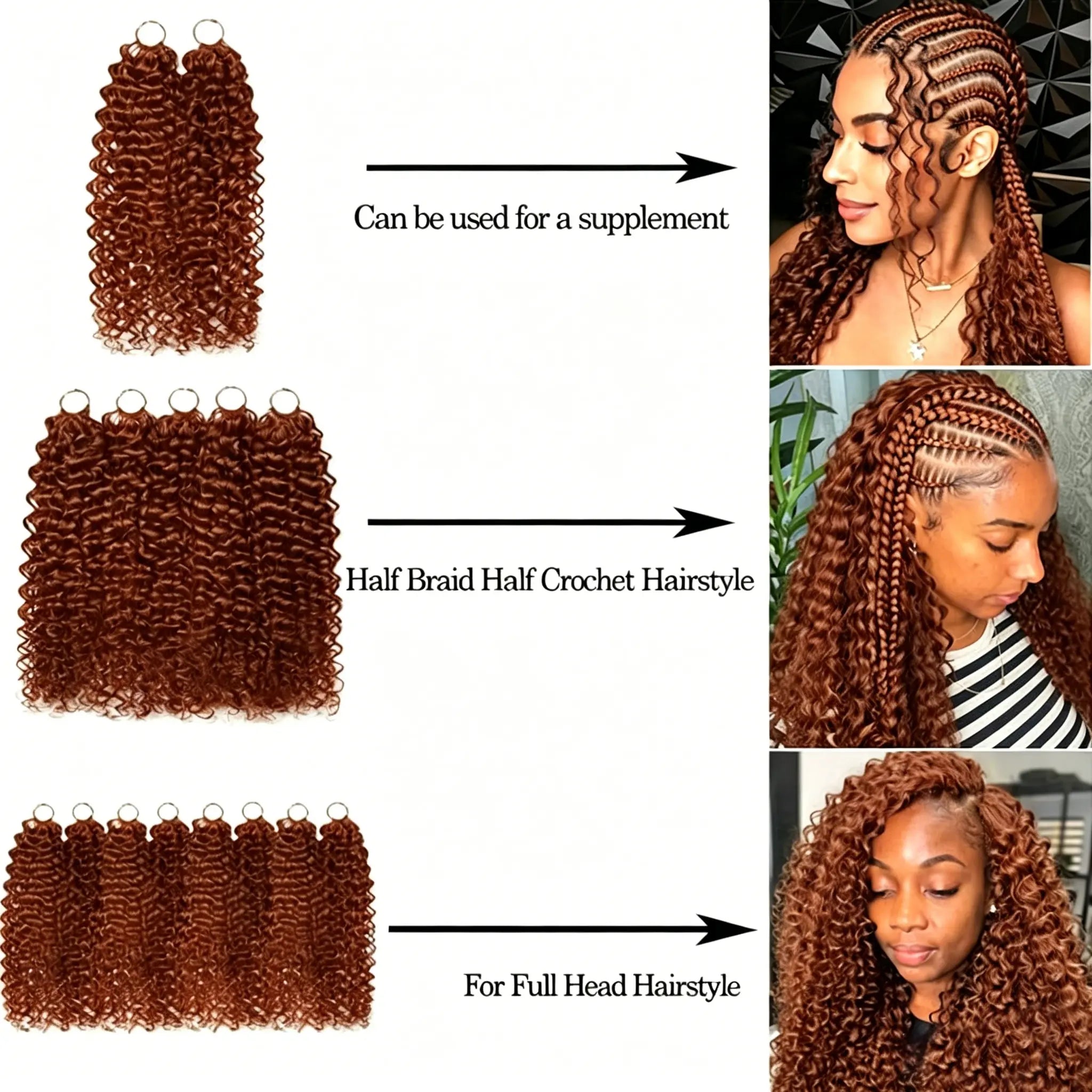 40Strands/Pack Dark Ginger Orange Deep Wave Feather Crochet Human Hair Tight Curly 33# Reddish Brown Pre-Separated Knotless Crochet Human Hair Extensions With Loop For Braiding
