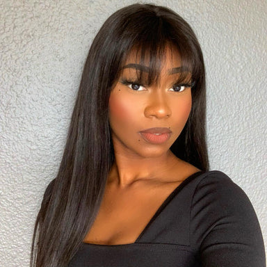 Throw On & Go Natural Black Straight No Lace Glueless Long Wig With Bangs - US Only