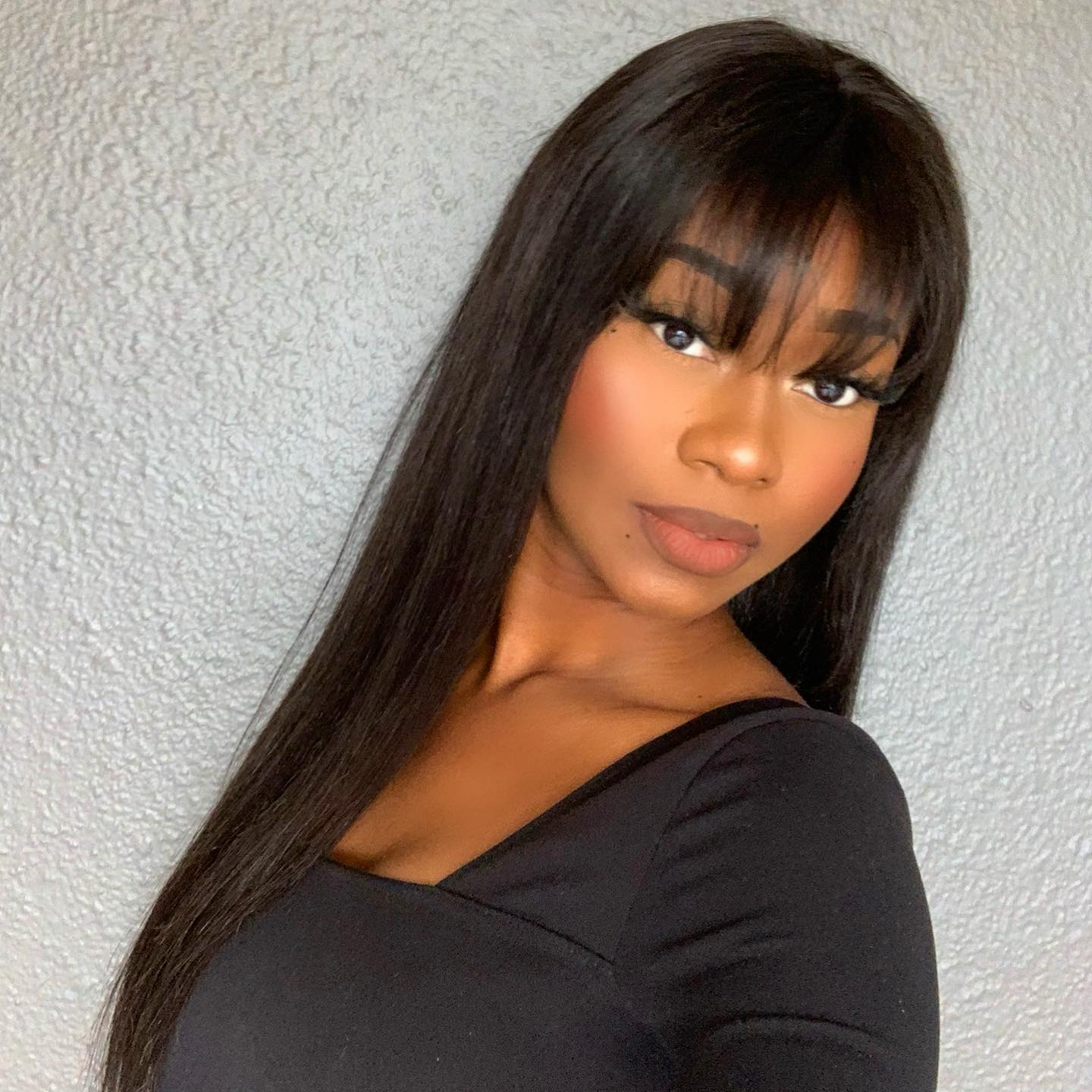 Throw On & Go Natural Black Straight No Lace Glueless Long Wig With Bangs - US Only